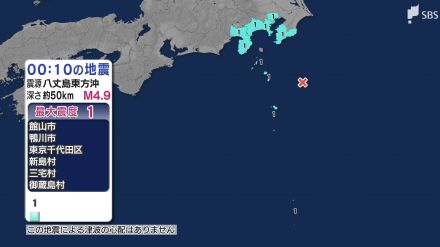 八丈島東方沖を震源とする地震　静岡、千葉、東京、神奈川で震度1　津波の心配なし