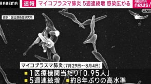 マイコプラズマ肺炎患者数、1医療機関当たり「0.95人」 5週連続増 約8年ぶりの高水準