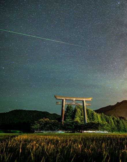 流れ星  一閃 　大鳥居上空にペルセウス座流星群、和歌山県田辺市本宮町