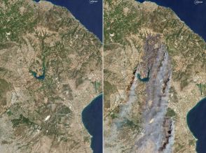 アテネ近郊の山火事、衛星写真 ギリシャ