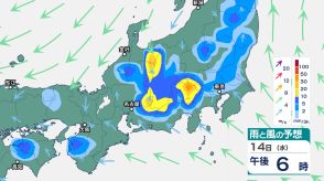 関東甲信は14日（水）夜遅くにかけ「雷を伴った激しい雨」に注意　「警報級の大雨」となる可能性