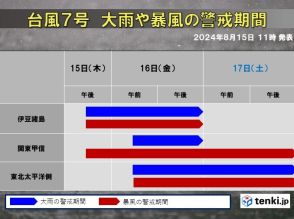 強い台風7号　明日16日は関東大荒れ　伊豆諸島は線状降水帯発生の恐れ　警戒期間は