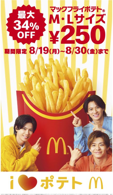 「マックフライポテト」M・Lサイズが250円に、8月19日からキャンペーン実施、Lサイズ注文は130円値引き/マクドナルド