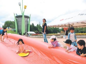 水遊びで気分爽快　富山県の砺波チューリップ公園、スライダーに歓声