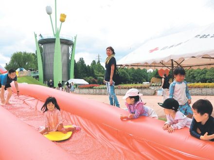 水遊びで気分爽快　富山県の砺波チューリップ公園、スライダーに歓声