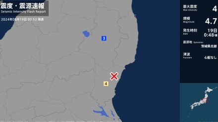 茨城県で最大震度4のやや強い地震　茨城県・日立市、高萩市