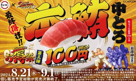 スシロー、全店100円「本鮪中とろ」8月21日から、ストリートファイターコラボ最後の第3弾は“鮪の王様”「本鮪中とろ」、「漬けうに包み」120円なども期間限定販売