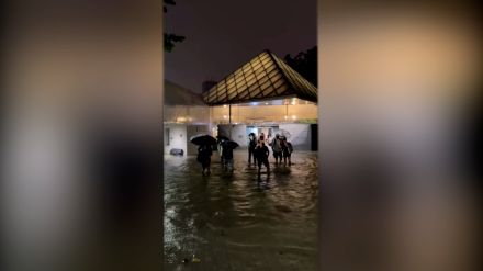 都内で激しい雨、東京体育館も足首ほどの高さまで浸水