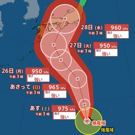 【台風最新情報】台風10号はどこに上陸？強い勢力で28日にも本州へ直撃か　東海・近畿・中国・四国など本州・西日本に接近の可能性　最大瞬間風速は60m予想