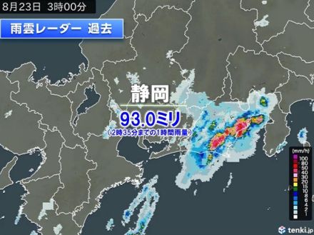 今朝は静岡で1時間に90ミリ超の猛烈な雨　静岡県に土砂災害警戒情報も