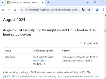 2024年8月パッチのデュアルブート破壊問題、Microsoftが復旧方法を明らかに