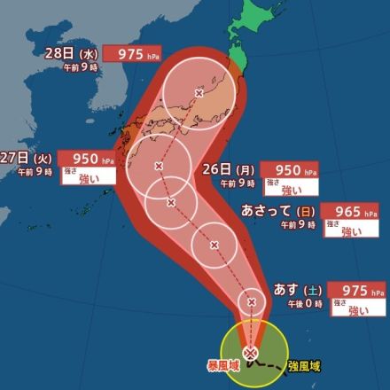 【台風最新情報】台風10号『強い勢力』で来週水曜日に本州へ直撃し縦断か　猛烈な風伴い『東海・近畿・中国・四国など西日本』に接近の可能性　ノロノロと北上中