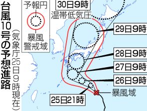 【図解】紀伊半島から九州東部上陸か＝台風10号、28日に―気象庁