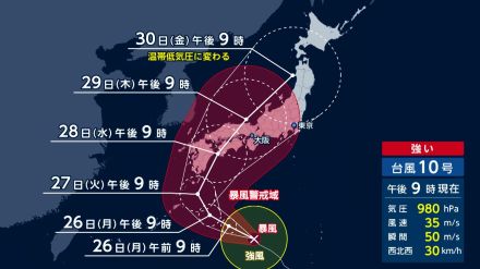 台風10号 27日午後以降接近か　岩手・栃木など記録的短時間大雨情報発表