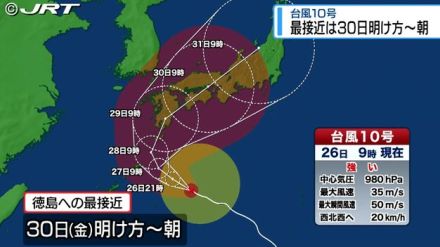 8月30日の明け方から朝にかけ徳島に最も接近するおそれ　強い台風10号は土砂災害などにも警戒（26日午前11時半時点）【徳島】