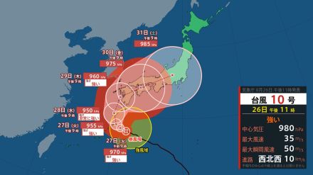 【台風10号最新情報】きょう午前に「線状降水帯」が東海地方で発生の可能性　明日にかけ「非常に強い勢力」で奄美地方にかなり接近する見込み　29日以降は西日本に接近するおそれ【気象庁発表26日23時03分】