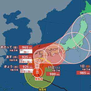 【台風最新情報】台風10号「非常に強い勢力」で29日にも九州へ直撃か“急カーブ”本州横断コースで31日以降「四国→近畿→東海→関東」の流れで接近の可能性　進路は一体どうなるの？