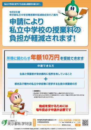 東京都の私立中授業料10万円支援、所得制限撤廃…9/2受付開始