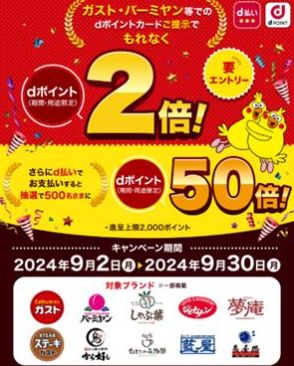 すかいらーくグループでdポイントがもれなく2倍、抽選で50倍還元も　9月2日～