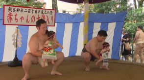 健やかな成長祈り赤ちゃんの土俵入り　飯森神社で「風止祭」