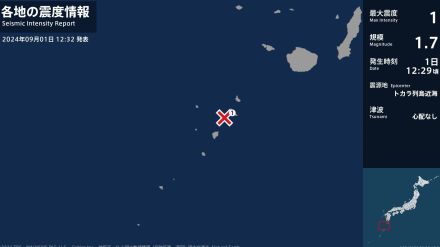 鹿児島県で最大震度1の地震　鹿児島県・鹿児島十島村