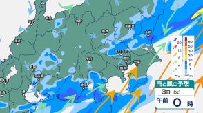 関東甲信地方では雷を伴い“バケツをひっくり返したような”激しい雨の恐れ　土砂災害や浸水などに警戒を【3日午前6時までの雨風シミュレーション・1時間ごと】