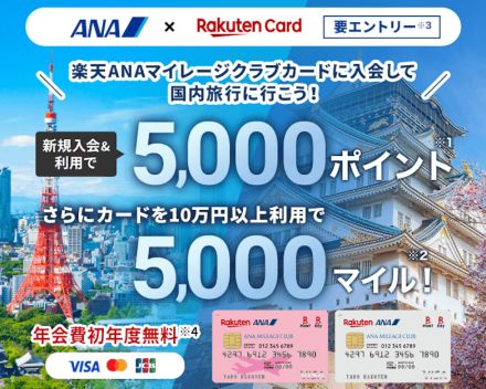 楽天カード×ANA、新規入会・利用で5000ポイント＋5000マイルもらえる