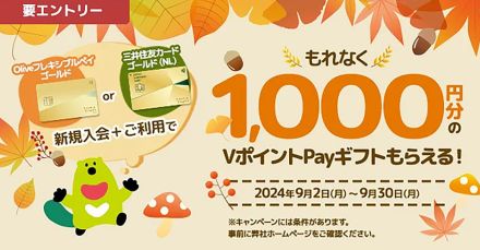 三井住友カード、対象カード新規入会・利用で1000円分のVポイントPayギフトプレゼント