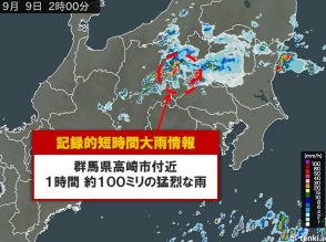 群馬県で再び「記録的短時間大雨情報」　高崎市付近で約100ミリの猛烈な雨