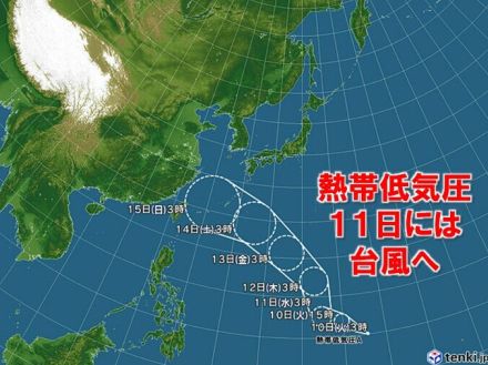 南の海上の熱帯低気圧　明日11日には台風へ　週末には沖縄に接近か