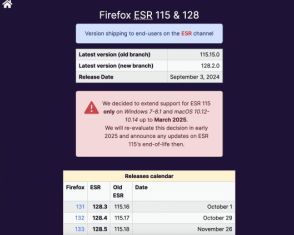 「Firefox ESR 115」がWindows 7～8.1とmacOS 10.12～10.14環境のみサポート終了を延長