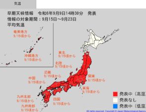 北海道を除く日本全域で、この時期としては10年に一度程度しか起きないような「著しい高温」になる可能性　9月15日頃から　気象庁が発表　9月中旬も熱中症警戒