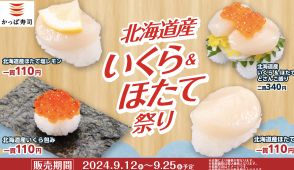 かっぱ寿司「北海道産いくら&ほたて祭り」開催、「北海道産いくら包み」「北海道産ほたて」が1貫110円、“きゅうりで巻いた軍艦寿司”「新発想!かっぱ軍艦」も登場