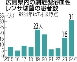 手足の壊死伴う「人食いバクテリア」患者が過去最多　広島県内31人2024年7月末　劇症型溶連菌