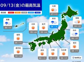 13日　関東～九州は厳しい残暑と天気急変注意　台風13号は発達しながら沖縄方面へ