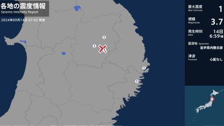 岩手県で最大震度1の地震　岩手県・山田町、釜石市、盛岡市、葛巻町