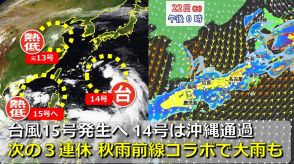 【台風情報】大型の台風14号は沖縄通過へ　まもなく台風15号も発生　2つの台風はそれほど発達せずも3連休は秋雨前線が本州付近停滞で大雨の可能性も　日米欧の台風進路予想比較【23日までの雨・風シミュレーション】