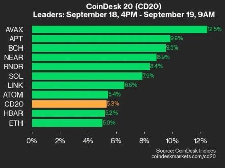 20銘柄すべて上昇、CD20は+5.3％：CoinDesk 20 パフォーマンスアップデート