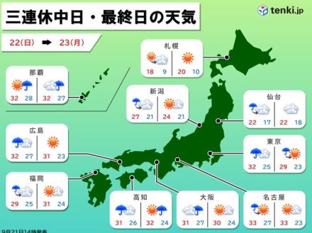 22日は広範囲で荒天　北陸・東北は大雨厳重警戒　連休最終日は回復も蒸し暑い